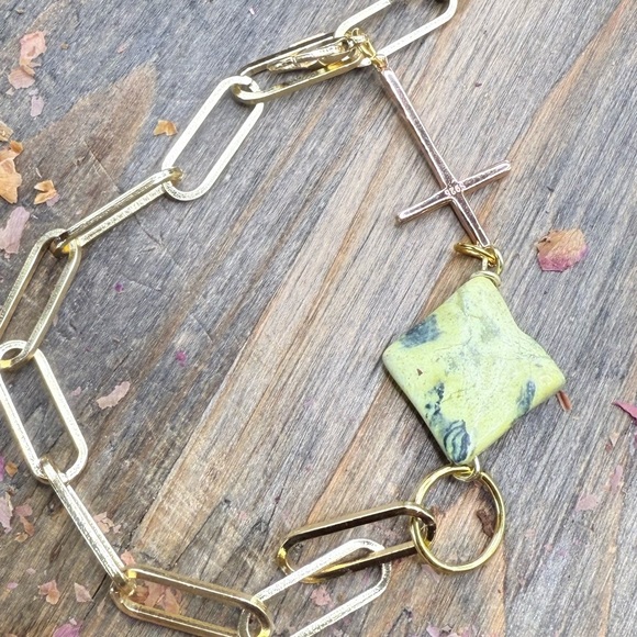 Gold and Green turquoise Cross Charm Bracelet - Picture 2 of 3